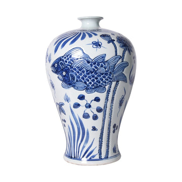 Blue & White Carved Fish Plum Vase