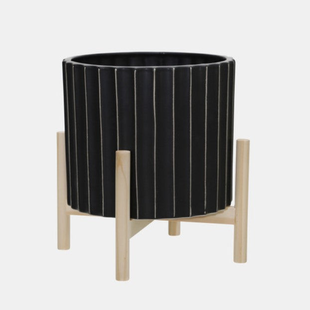 Ceramic Fluted Planter W/ Wood Stand, Black