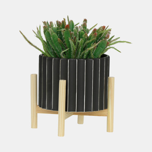 Ceramic Fluted Planter W/ Wood Stand, Black