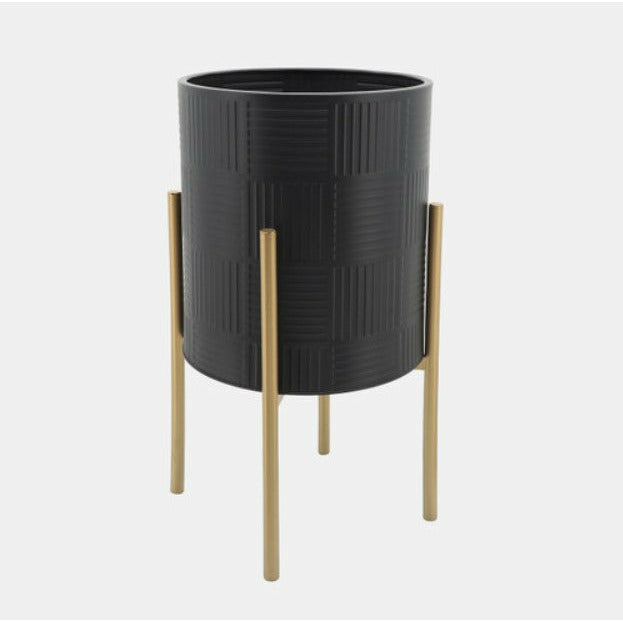 Planter W/ Lines On Metal Stand, Black/Gold