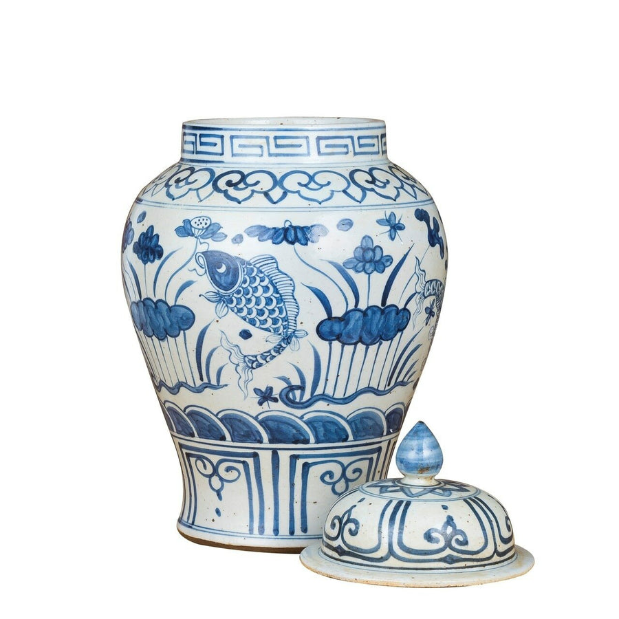 Blue And White Small Porcelain Temple Jar Fish Lotus Motif