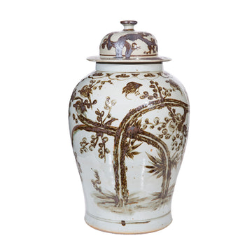 Rustic Brown Magpie On Treetop Porcelain Temple Jar