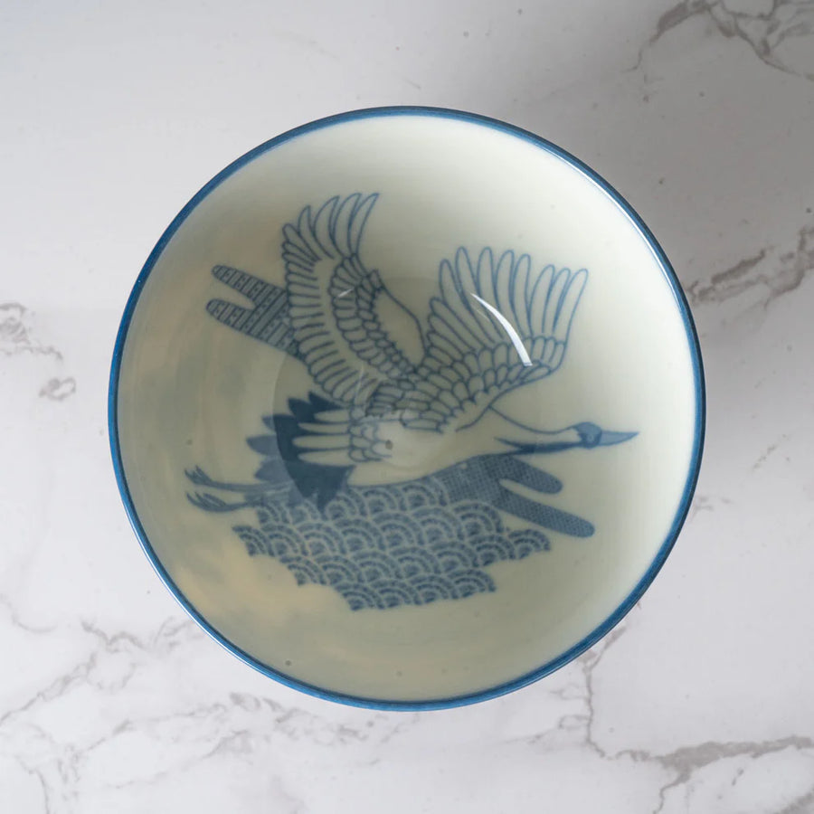 Navy Blue Crane Design Porcelain Rice Bowl