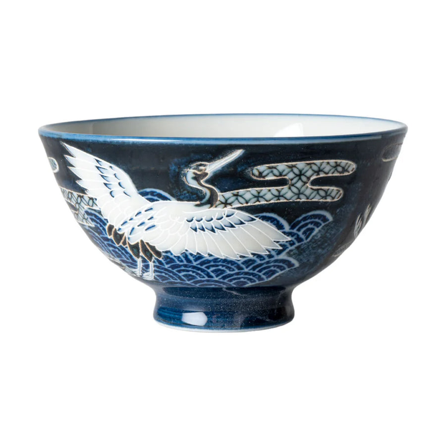 Navy Blue Crane Design Porcelain Rice Bowl