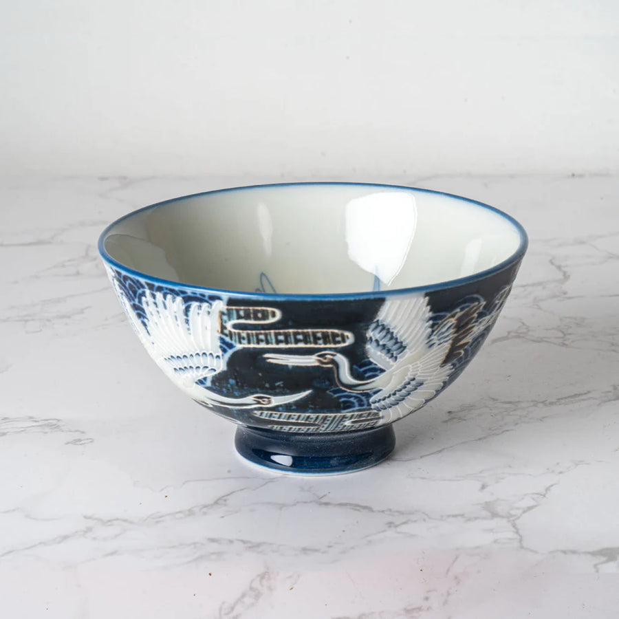 Navy Blue Crane Design Porcelain Rice Bowl