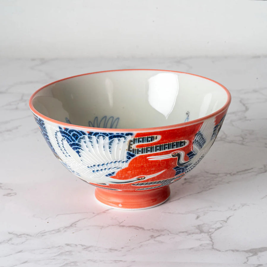 Red Crane Design Porcelain Rice Bowl