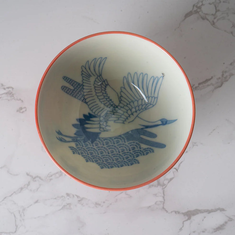 Red Crane Design Porcelain Rice Bowl