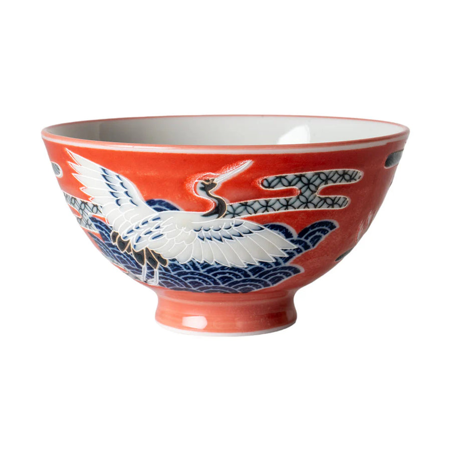 Red Crane Design Porcelain Rice Bowl