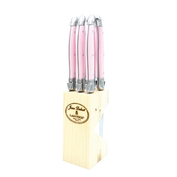 6 Steak Knives Pink Handles in Block