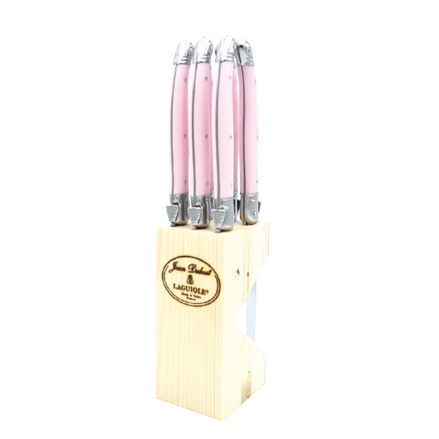 6 Steak Knives Pink Handles in Block