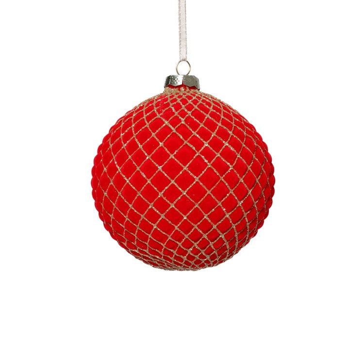 Red Flock w/ Gold Glass Ball Ornament