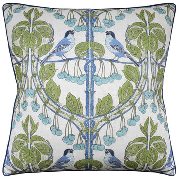 Birds & Cherries Green Blue Pillow