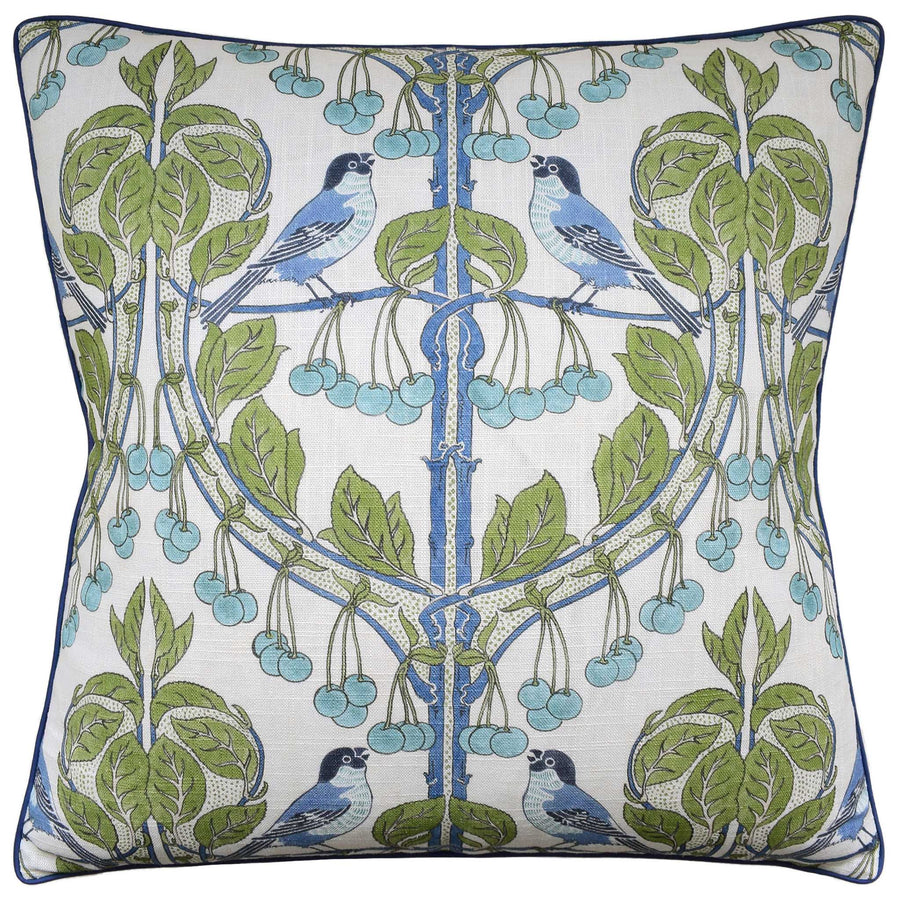 Birds & Cherries Green Blue Pillow