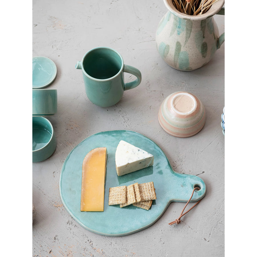 Stoneware Cheese/Cutting Board w/ Handle & Leather Tie