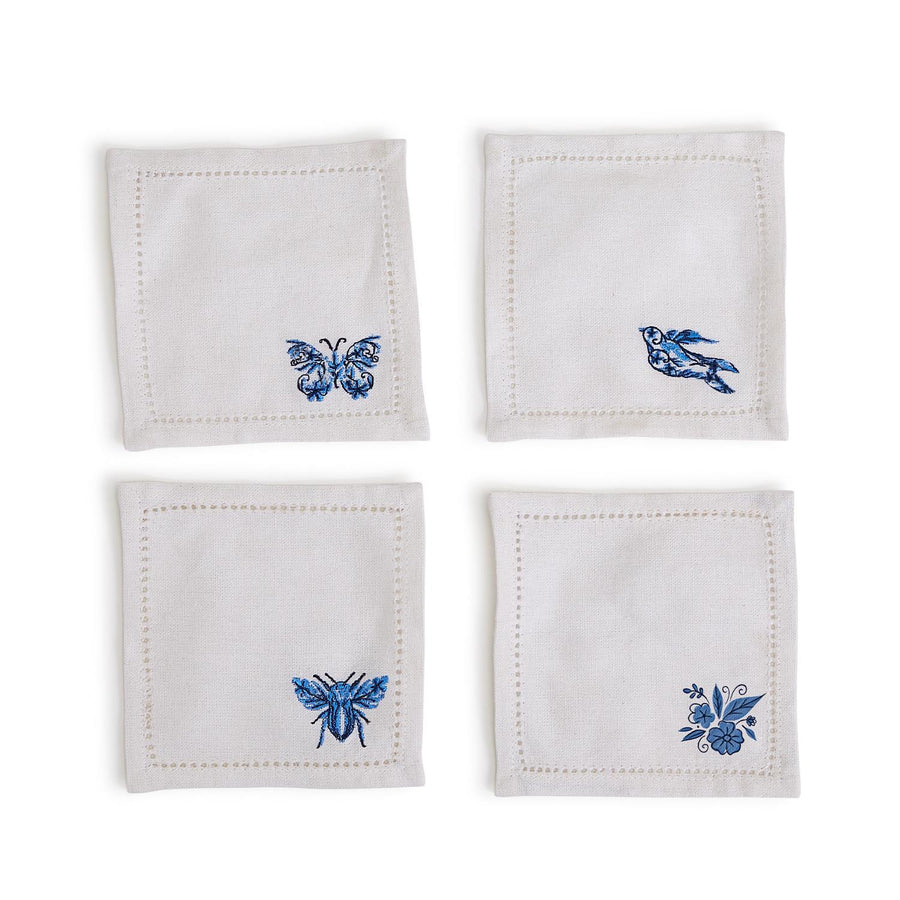 Blue and White Spring Set of 4 Embroidered Hemstitch Cocktail Napkins