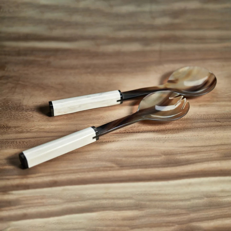 Variegated Horn with Bone Handle Salad Server Set