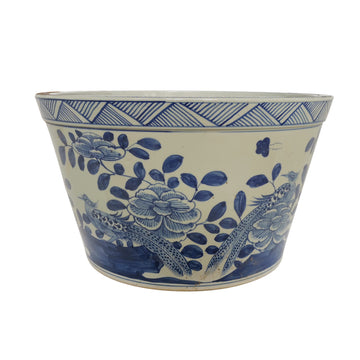 Blue And White Basin Planter Flower Bird Motif