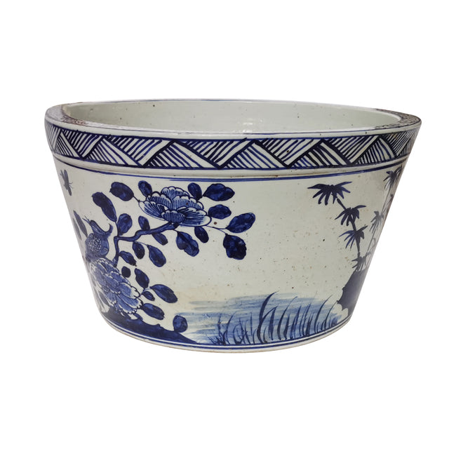 Blue And White Basin Planter Flower Bird Motif