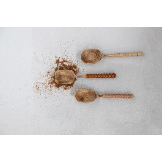 Mango Wood Spoons with Bamboo and Leather Wrapped Handles, Set of 3