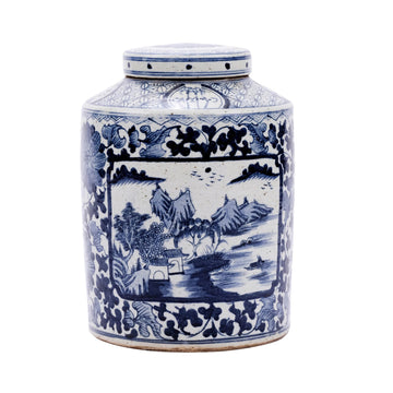 Blue & White Dynasty Tea Jar Floral Landscape Medallion
