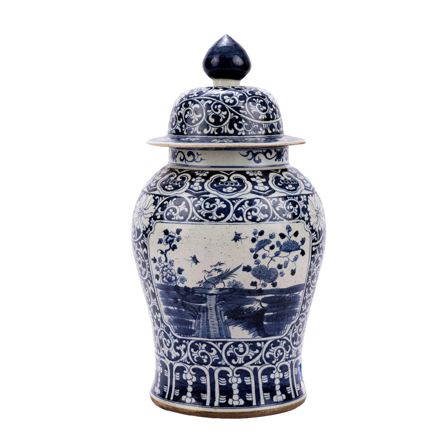 Blue & White Dynasty Temple Jar Floral Landscape Medallion