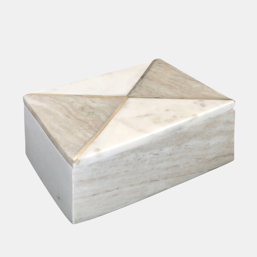 Marble Rectagular Box W/ Inlay, Wht/Brn 7x5