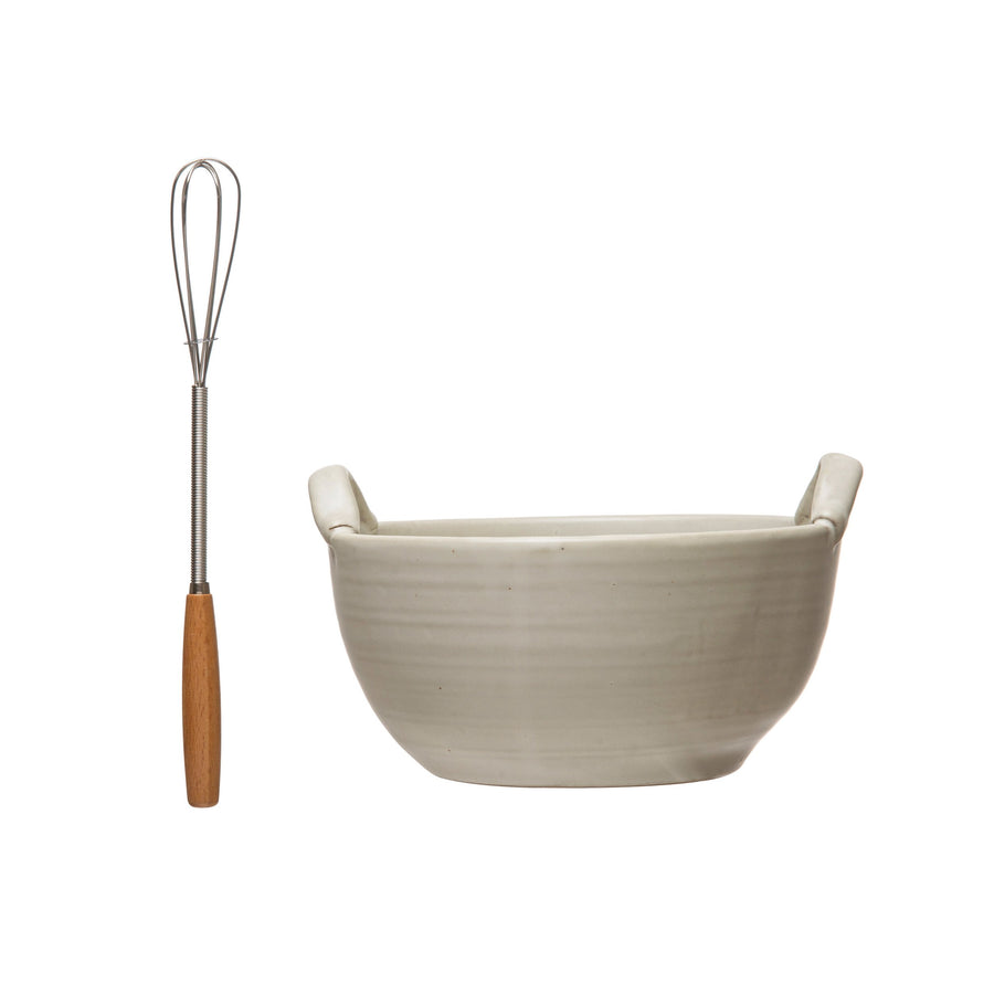 Stoneware Bowl, Wood and Metal Whisk Set