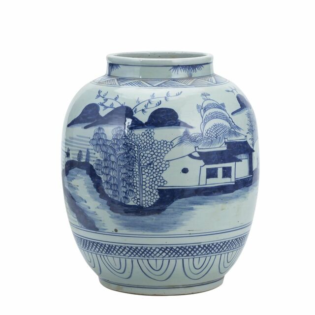 Blue And White Mountain Village Lantern Jar