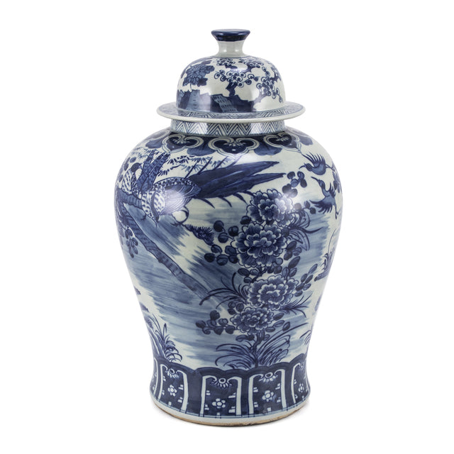 Blue And White Porcelain Temple Jar Blossom Garden With Birds