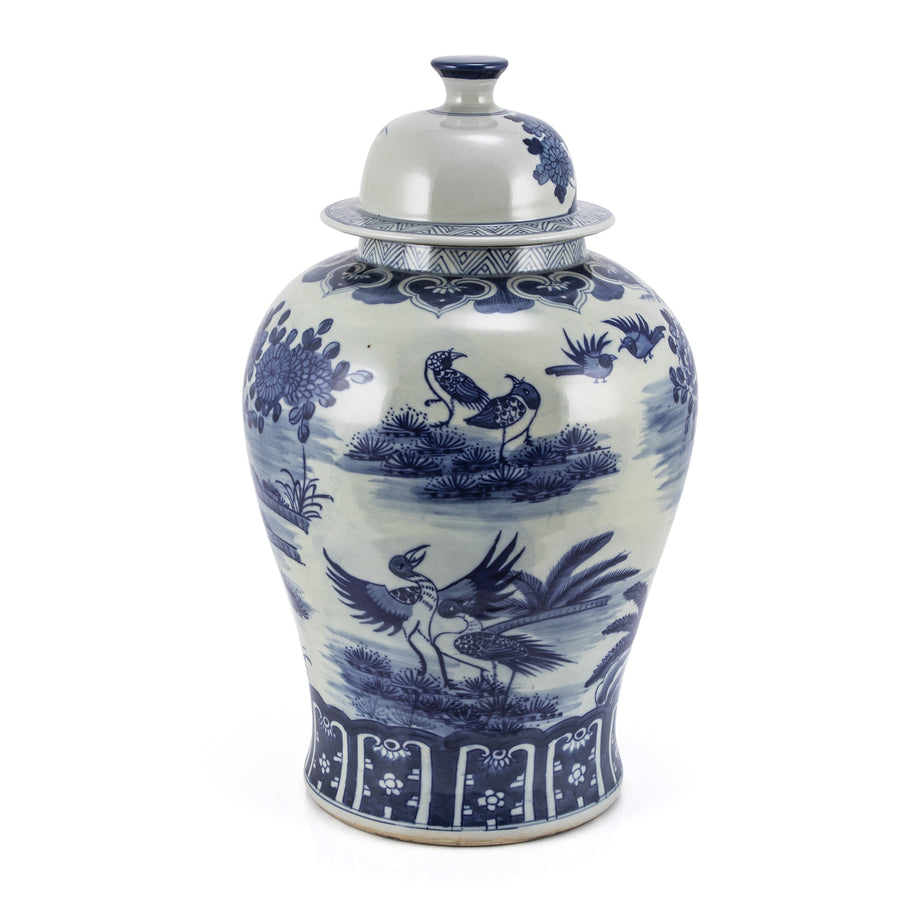 Blue And White Porcelain Temple Jar Blossom Garden With Birds