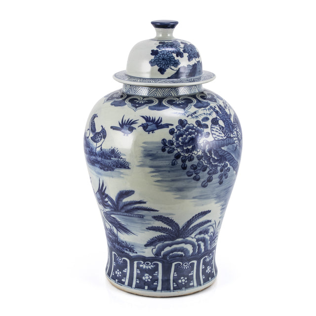 Blue And White Porcelain Temple Jar Blossom Garden With Birds