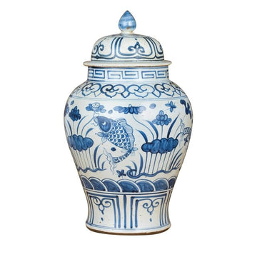 Blue And White Small Porcelain Temple Jar Fish Lotus Motif
